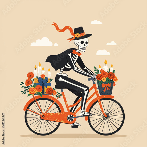 Flat 2D illustration of a skeleton riding a decorated bicycle with candles and flowers.