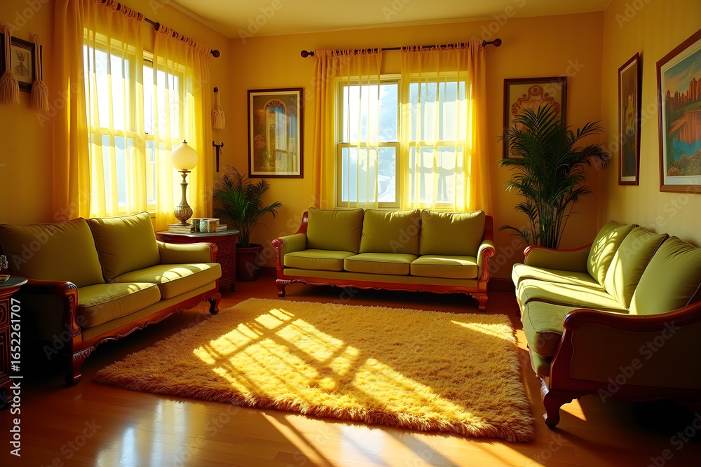 Fototapeta premium Warmth and Nostalgia, A Vibrant Retro-Styled Living Room Bathed in Golden Light and 1970s Charm
