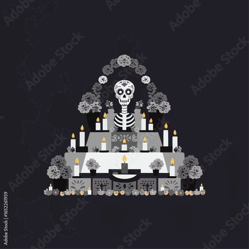 Minimalist 2D illustration of a Dia de los Muertos altar (ofrenda) with candles and flowers.