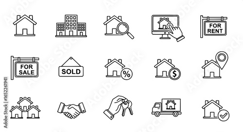 Real Estate Icons Set Houses, Sold Signs, Mortgages, and Property for Sale