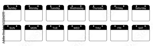 一週間曜日カレンダー　シンプルアイコンセット　Englishモノクロ