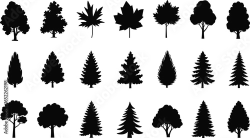 Black tree silhouette vector set, assorted deciduous and conifer shapes, botanical foliage icons, forest plant elements, nature illustration collection