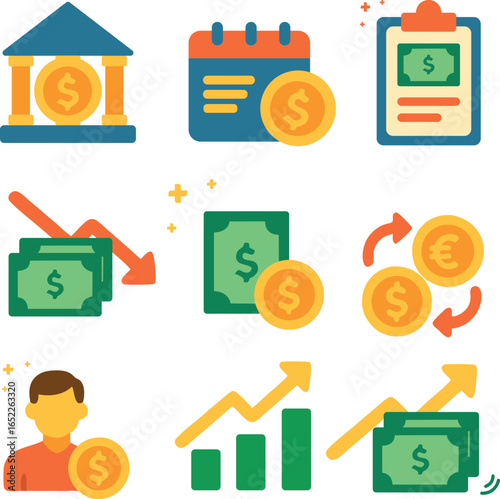 Financial icons depict money transactions for business presentations, financial reports, websites, or educational materials related to monetary concepts.