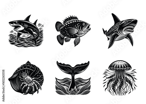 Linocut style diverse marine animals vector collection
