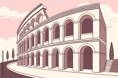 Stylized illustration of the colosseum in rome with a pink sky