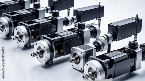 Close-up of servo motors and actuators used in robotic automation arms