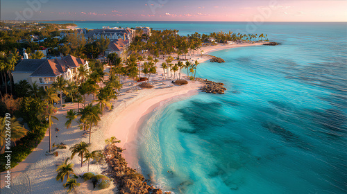 Aerial drone view of a secluded tropical beach with crystal-clear turquoise water, white sand, and palm trees, luxurious resort in the background, golden hour lighting