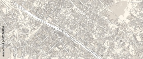 High-angle view of a city's urban sprawl.  Detailed street network,  buildings, and a major thoroughfare are clearly visible.  Light gray tones create a muted,  almost vintage-style impression