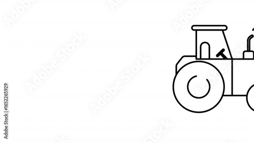 Animated tractor black linear icon – agricultural transport moving vehicle. Seamless loop HD video with alpha channel, transparent background. Outline motion graphic animation.