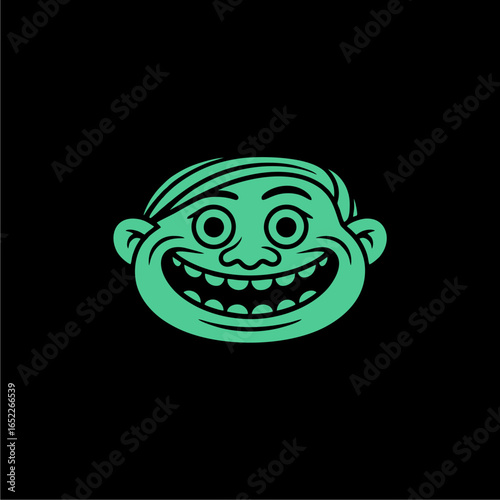 A cheerful, cartoonish green face with a wide, toothy grin.