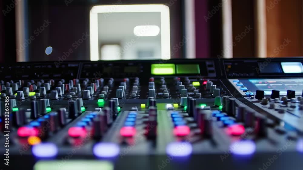Closeup of Audio Mixing Console with Colorful Lights in Recording Studio Closeup of Audio Mixing Console with Colorful Lights in Recording Studio