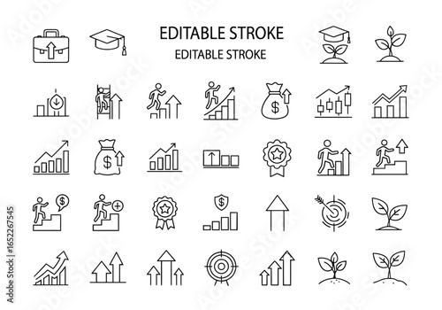 Line icons set for business growth, success, education, and financial development.