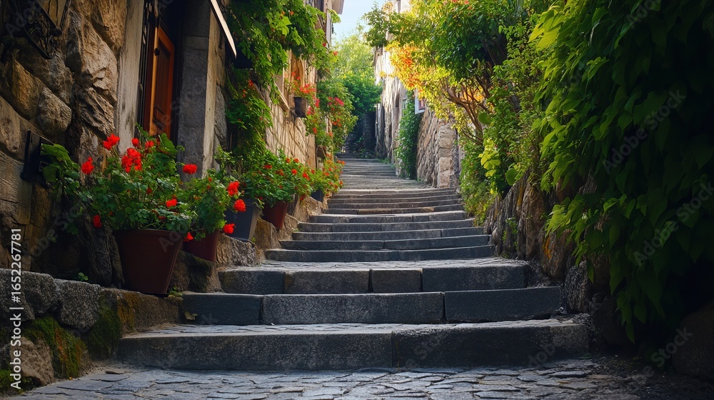 Stone steps ascend through a charming, flower-filled alleyway Stone steps ascend through a charming, flower-filled alleyway