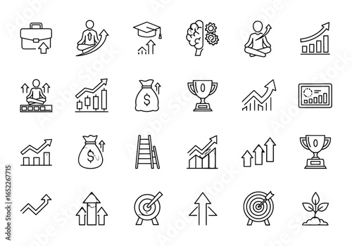 Collection of business and success icons, representing growth, achievement, and financial progress in various forms.