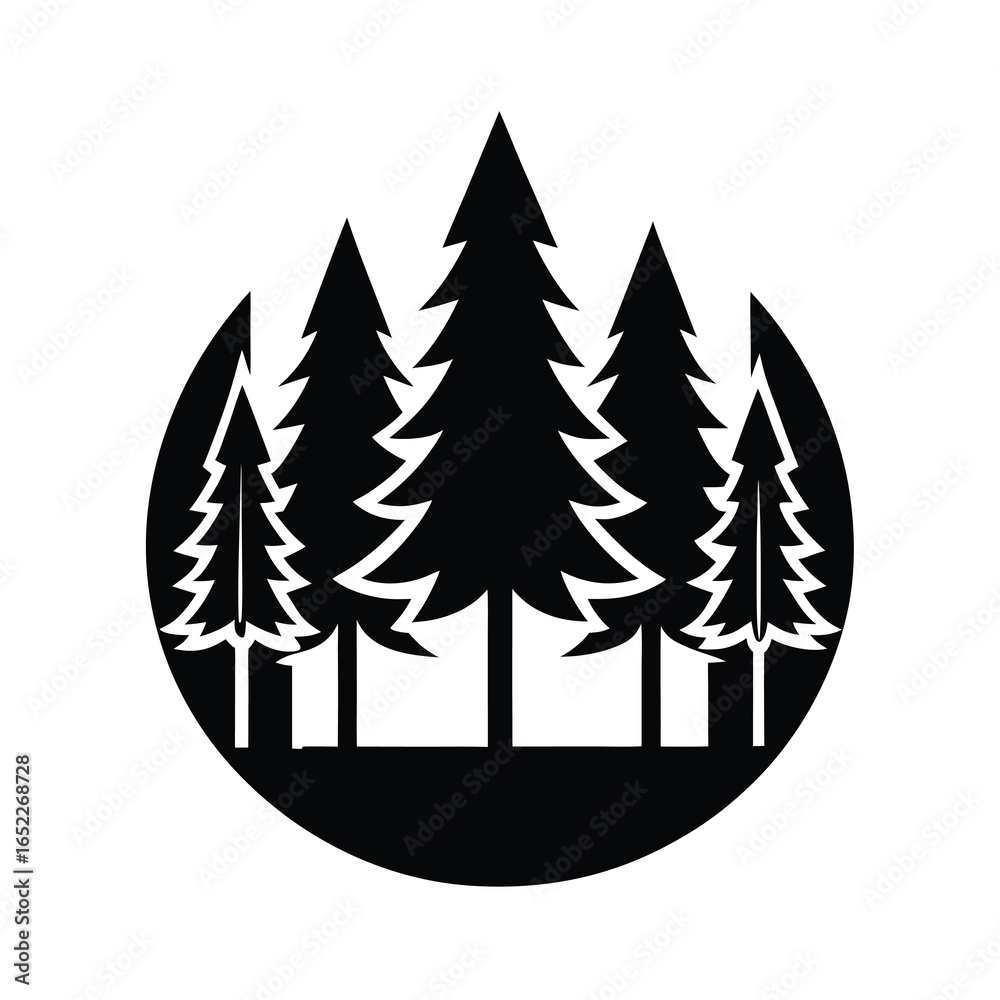 Obraz premium Vector art of black silhouette of a forest of pine trees inside a circle, isolated