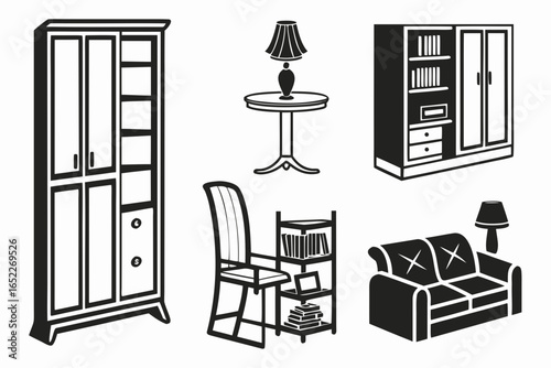 Black and white vector icons of home furniture set.