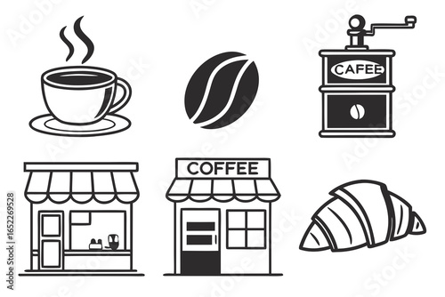 Coffee Shop Icons Cup Bean Grinder Shops Croissant.
