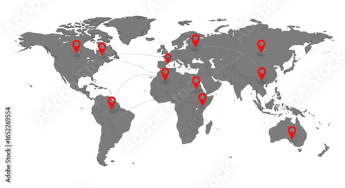3D world map with multiple red location pins placed across different continents. Minimalist gray globe design with highlighted regions and markers for global network or international business concept,