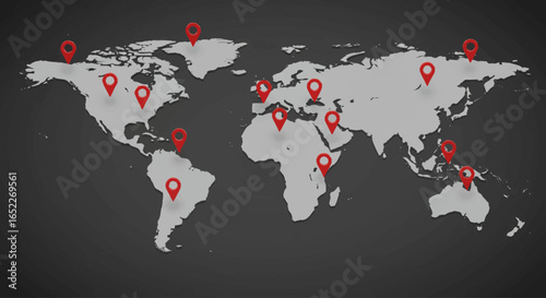 3D world map with multiple red location pins placed across different continents. Minimalist gray globe design with highlighted regions and markers for global network or international business concept,