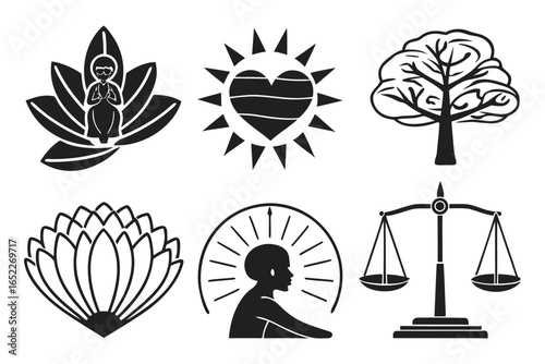 Diverse Symbolic Icons Representing Life Love Nature and Justice.