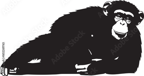 Relaxed Chimpanzee Lounging and Looking at the Viewer with a Subtle Smile Black and White Silhouette
