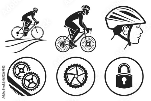 Set of black vector icons for cycling sport and equipment.