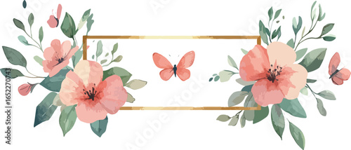 Elegant watercolor floral frame with delicate pink flowers and butterfly accents