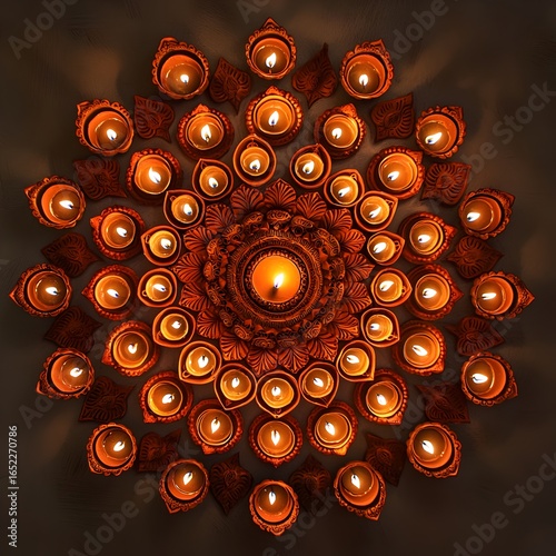 Photo of Traditional Diya Lamps Glowing Brightly in a Circle with Intricate Mandala Art Background