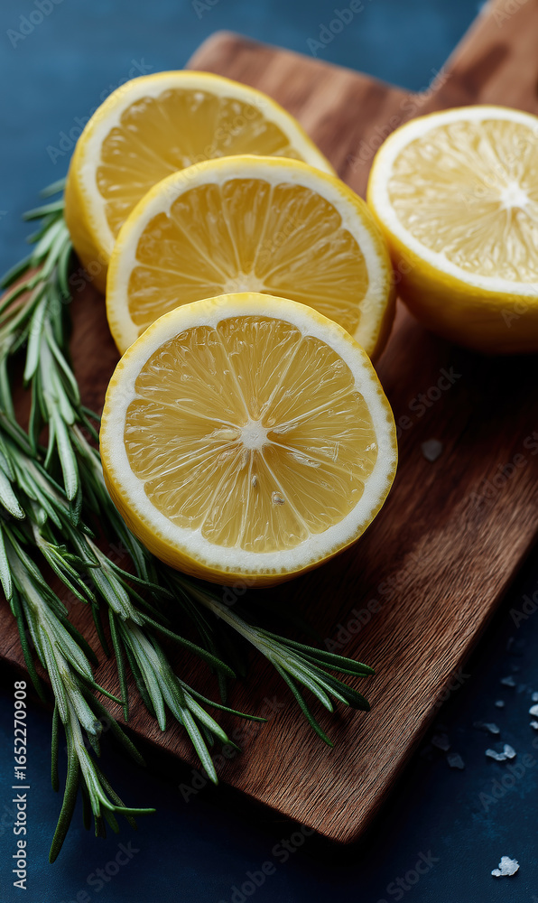 Sliced lemons with rosemary herbs arranged on wooden cutting board. Sliced lemons with rosemary herbs arranged on wooden cutting board.