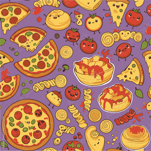 Cute pizza and pasta food pattern with cartoon characters in a seamless design. Friendly food items with cheerful expressions, arranged on a vibrant purple background.