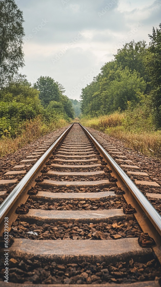 Fototapeta premium Railroad tracks disappearing into a forest