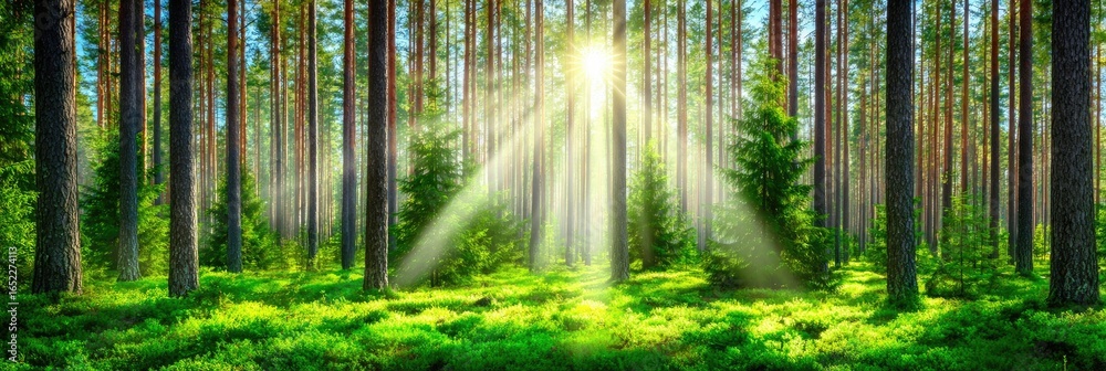 Fototapeta premium Sunlight streams through a vibrant pine forest