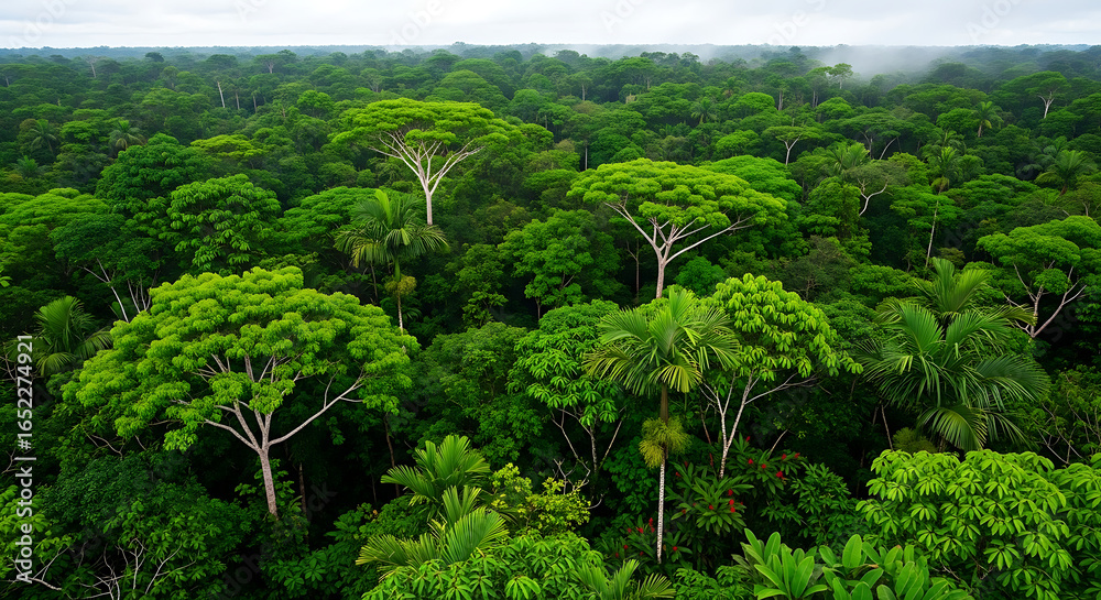 Naklejka premium Aerial view of a dense rainforest canopy with lush green trees and a slightly overcast sky above it