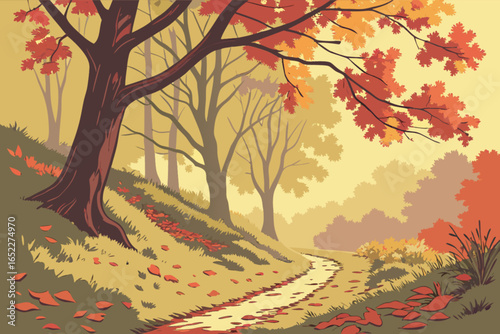 Autumn forest landscape vector illustration with falling leaves and pathway scenic fall season nature art