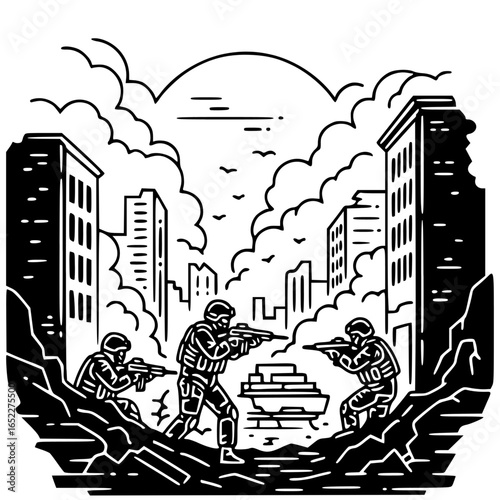 City Under Siege: Illustrative artwork of soldiers, silhouetted against a backdrop of a war-torn urban environment. The scene conveys the raw intensity of combat and struggle for survival.