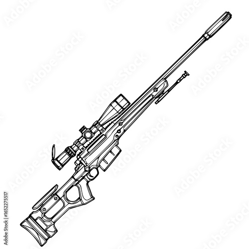 Precision Marksman's Rifle: A detailed illustration of a precision marksman's rifle, showcasing its design and components in a bold, graphic style.