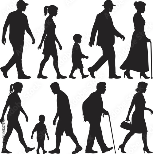 PrintSilhouettes of people walking, diverse ages and genders, everyday life, movement, family, children, adults, elderly, isolated, white background
