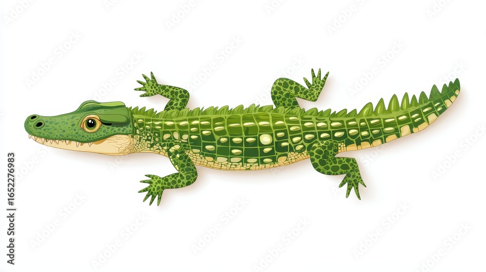 Naklejka premium A vibrant top view illustration of a crocodile, featuring a modern cartoon style with rich textures and playful details.
