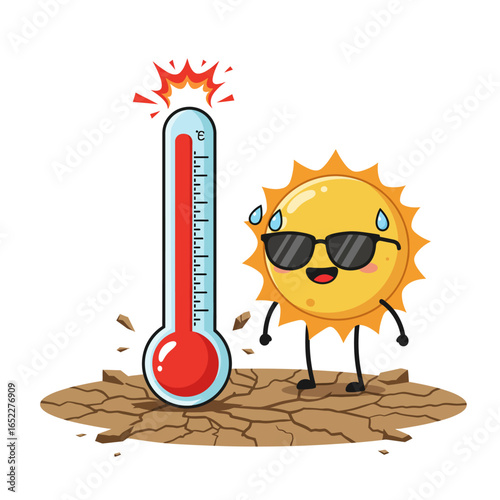 A cartoon sun character sweating profusely beside a very hot thermometer on dry, cracked ground, illustrating extreme heat.