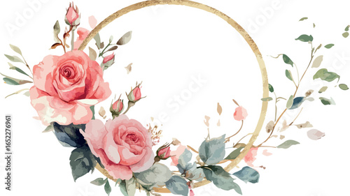 Delicate watercolor pink roses and greenery arranged in a circular floral frame with gold ring