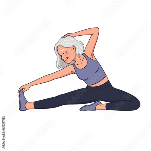 A woman with gray hair gracefully stretching her legs and torso while sitting on the floor, demonstrating a yoga or fitness pose.