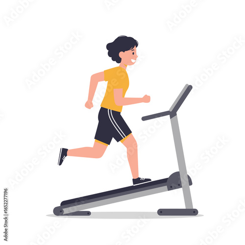 A smiling woman in athletic wear running on a treadmill for fitness and health.