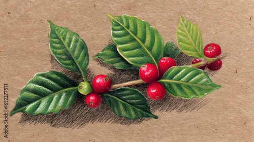 Detailed illustration of coffee cherries and leaves.