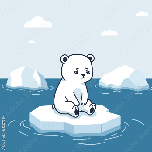 A sad, cartoon polar bear sits on a small ice floe surrounded by water, with other icebergs in the background under a cloudy sky.