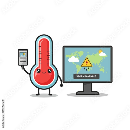 Cute cartoon thermometer character holding a phone and a computer displaying a storm warning.