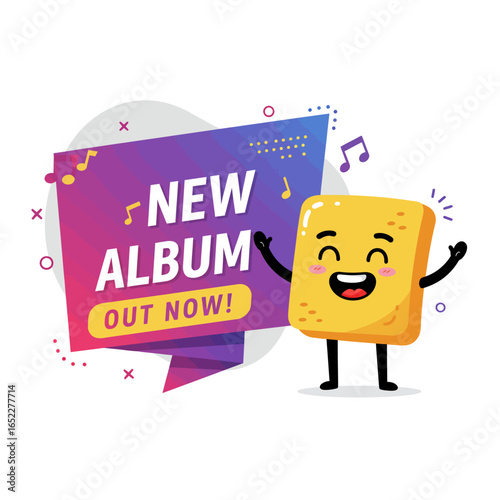 A cheerful, anthropomorphic cheese character excitedly announces "New Album Out Now!" with musical notes and a vibrant gradient speech bubble.
