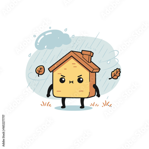 Cartoon house character standing outside during a stormy weather with rain and wind.