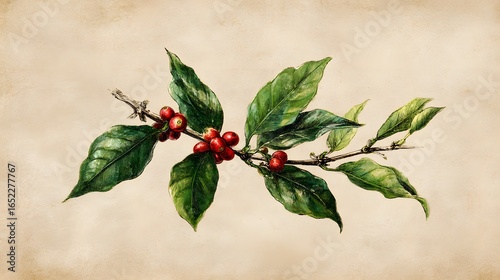 Hand-drawn illustration of coffee plant branch with berries and leaves.