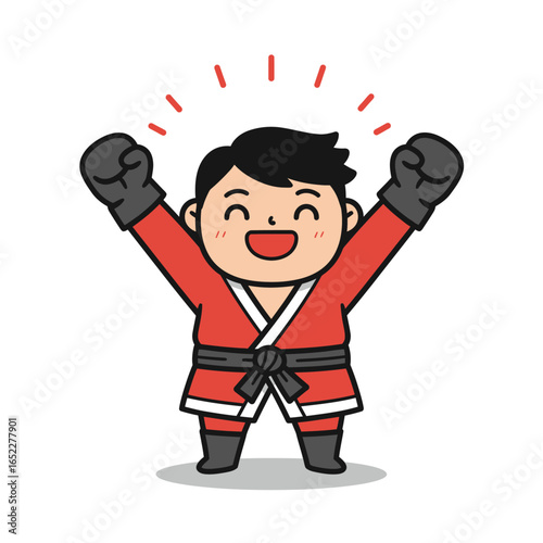 A cheerful cartoon character wearing a red martial arts uniform and black gloves raises his arms in a triumphant celebration.