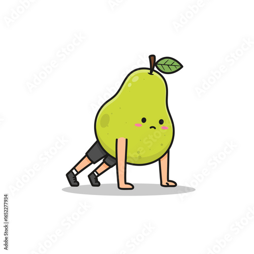 A cute, anthropomorphic pear with a sad expression is doing push-ups on a white background, wearing black shorts and sneakers.